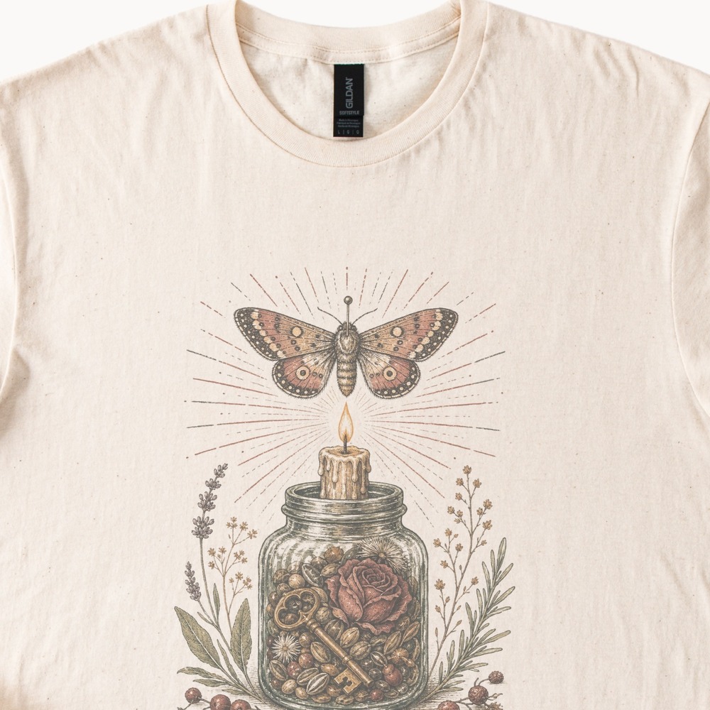 Mystical Botanical Jar Graphic Tee Vintage Engraving Style
